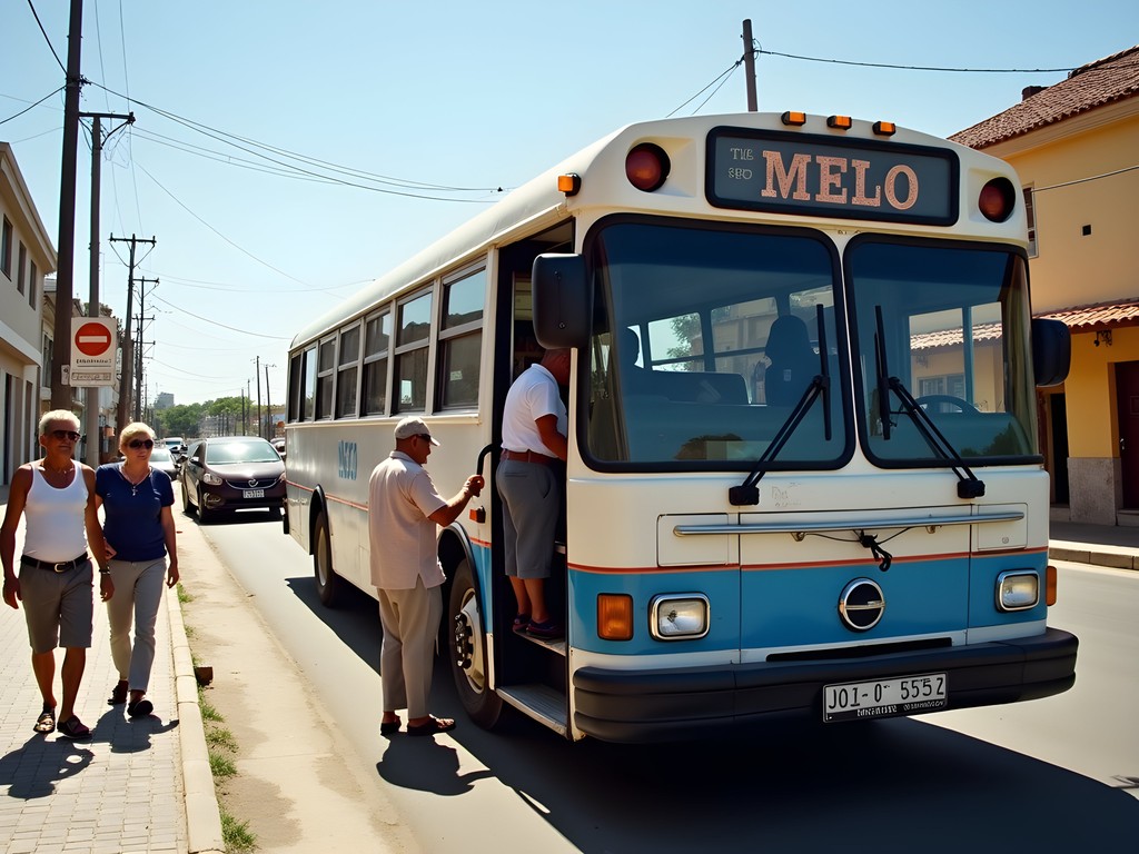 Local bus in Melo, Uruguay with passengers boarding on a sunny afternoon