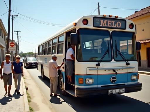 Local bus in Melo, Uruguay with passengers boarding on a sunny afternoon