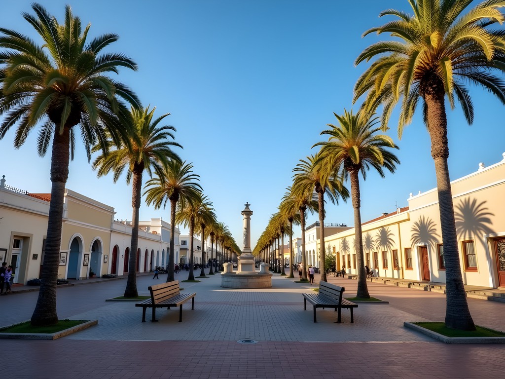 Plaza Constitución in Melo, Uruguay with palm trees and colonial architecture