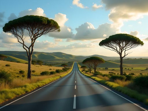 Scenic view of Route 8 through rural Uruguay with rolling hills and ombú trees