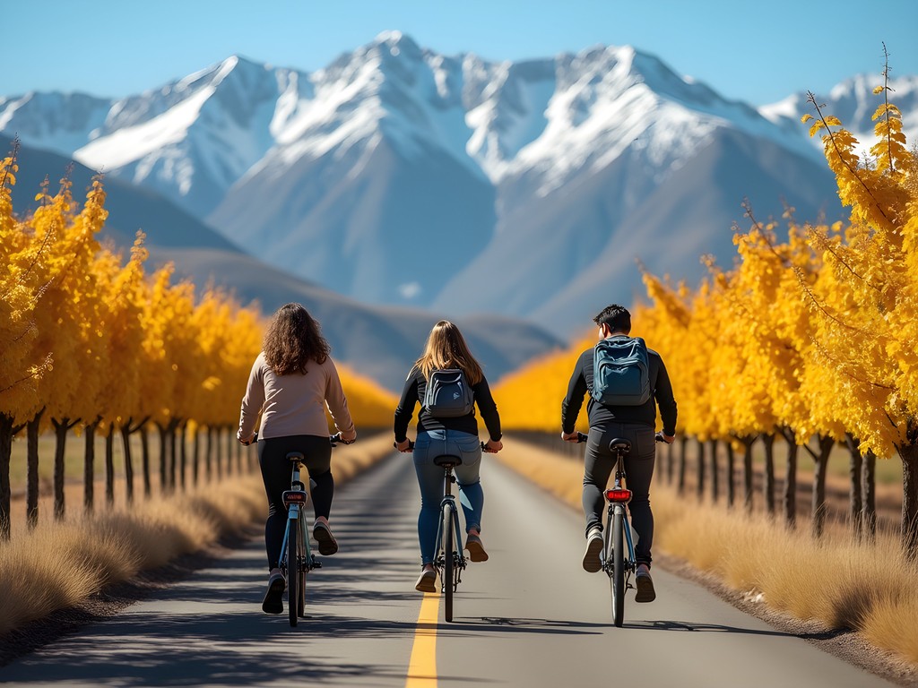 Group of friends biking through vineyards in MaipĂș with Andes Mountains in background