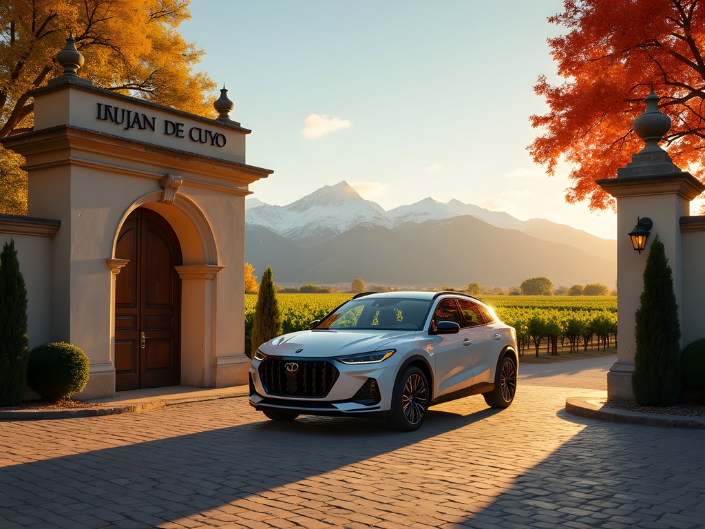 Rideshare car arriving at elegant entrance of LujĂĄn de Cuyo winery with fall foliage