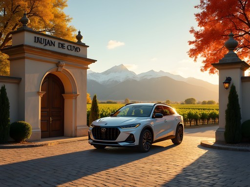 Rideshare car arriving at elegant entrance of Luján de Cuyo winery with fall foliage