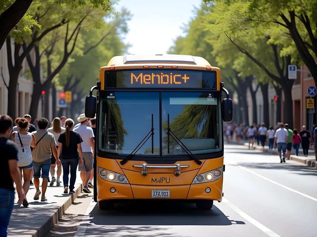 Public bus route to MaipĂș wine region with passengers boarding in Mendoza city center