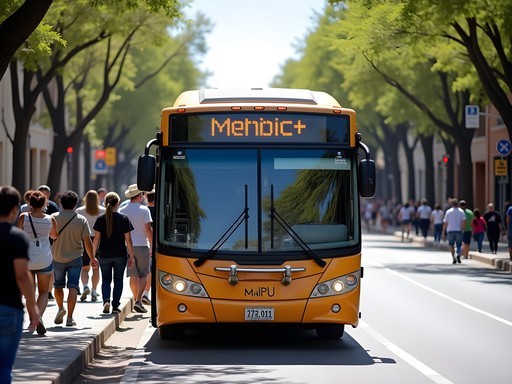 Public bus route to Maipú wine region with passengers boarding in Mendoza city center