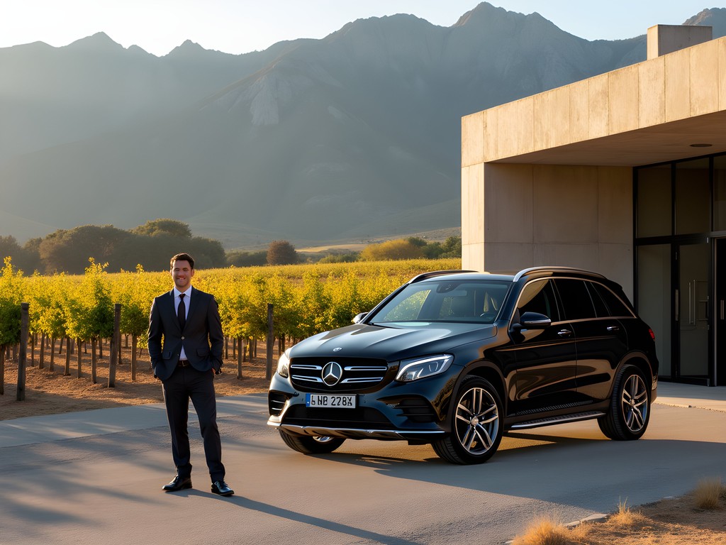 Private driver waiting outside modern Uco Valley winery with Andes Mountains backdrop