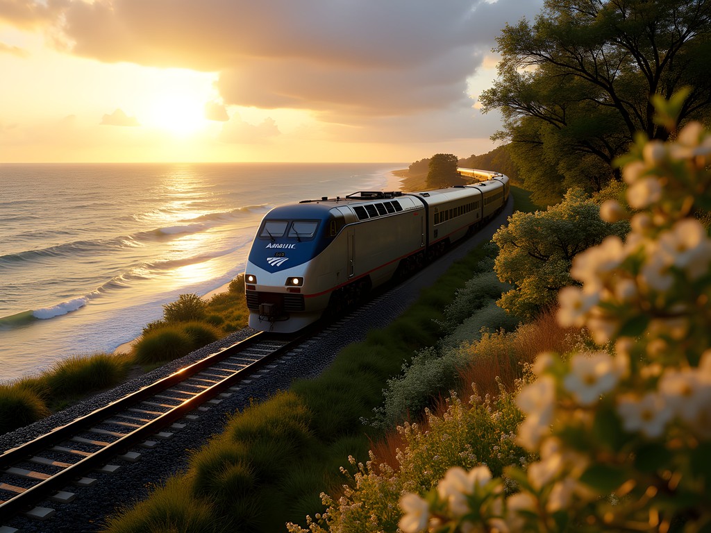 Amtrak train traveling along coastal section with spring blooms visible