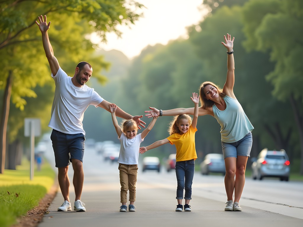 Family stretching and doing simple exercises at bus rest stop