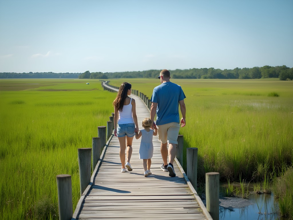Family exploring coastal nature preserve between Miami and Boston
