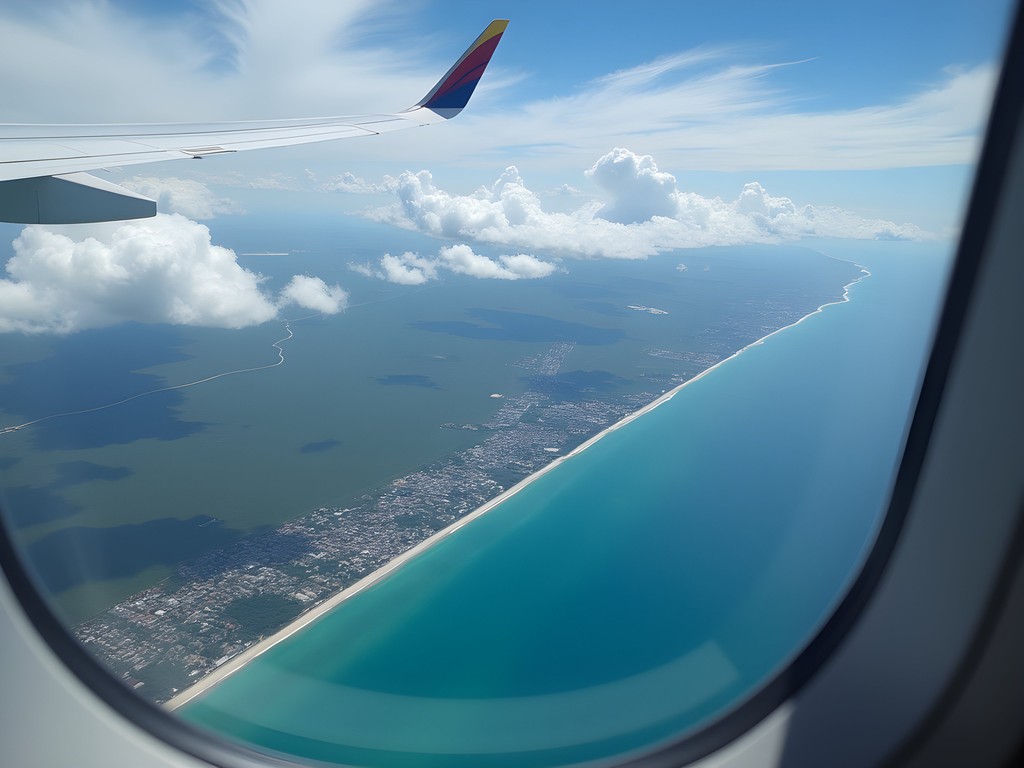Aerial view from airplane window showing transition from southern to northern landscapes
