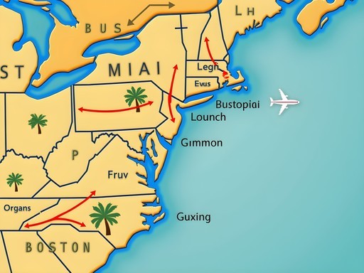 Illustrated map showing multi-modal journey options from Miami to Boston