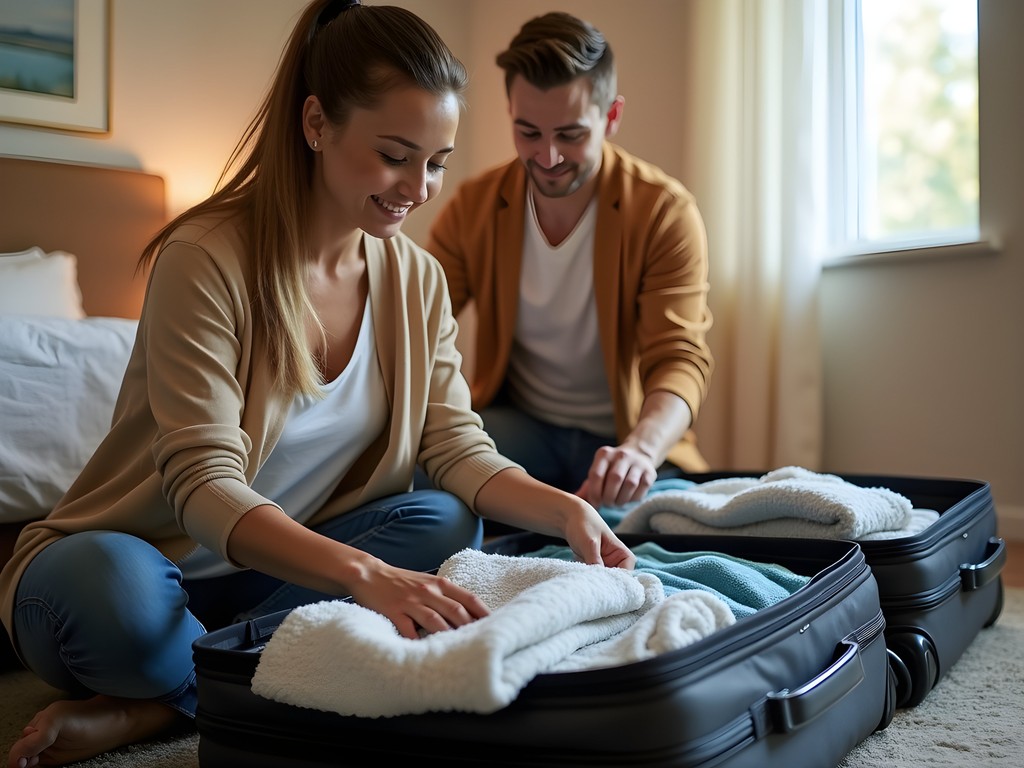 Couple efficiently packing luggage for transatlantic journey with packing cubes