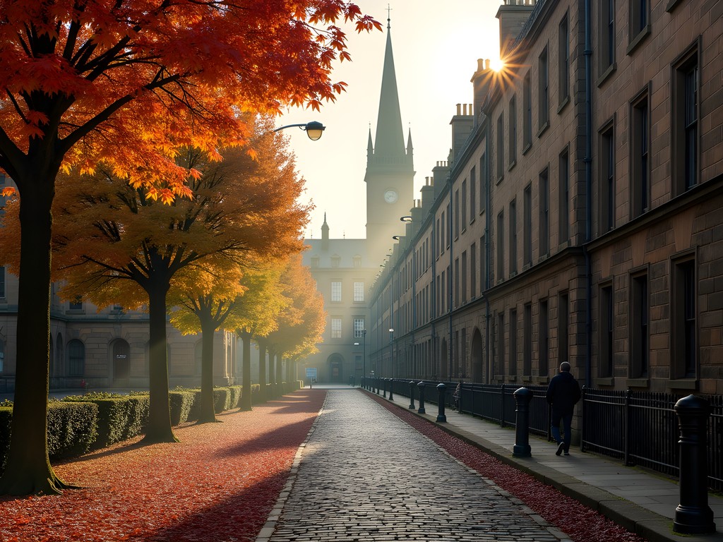 Edinburgh Royal Mile in autumn with golden leaves and historic buildings