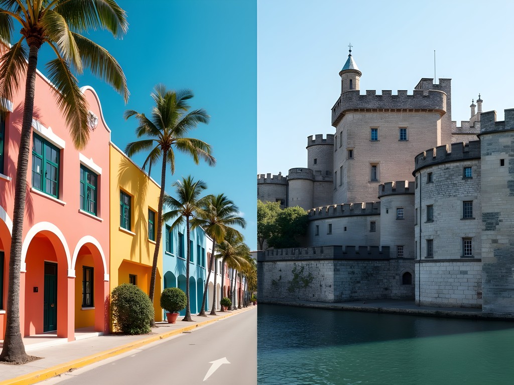 Split image showing Miami Art Deco architecture beside Edinburgh medieval buildings