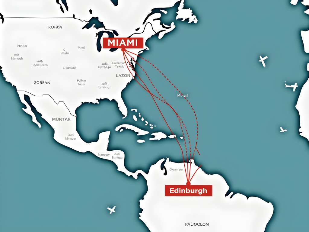 Flight route map showing Miami to Edinburgh connection via London