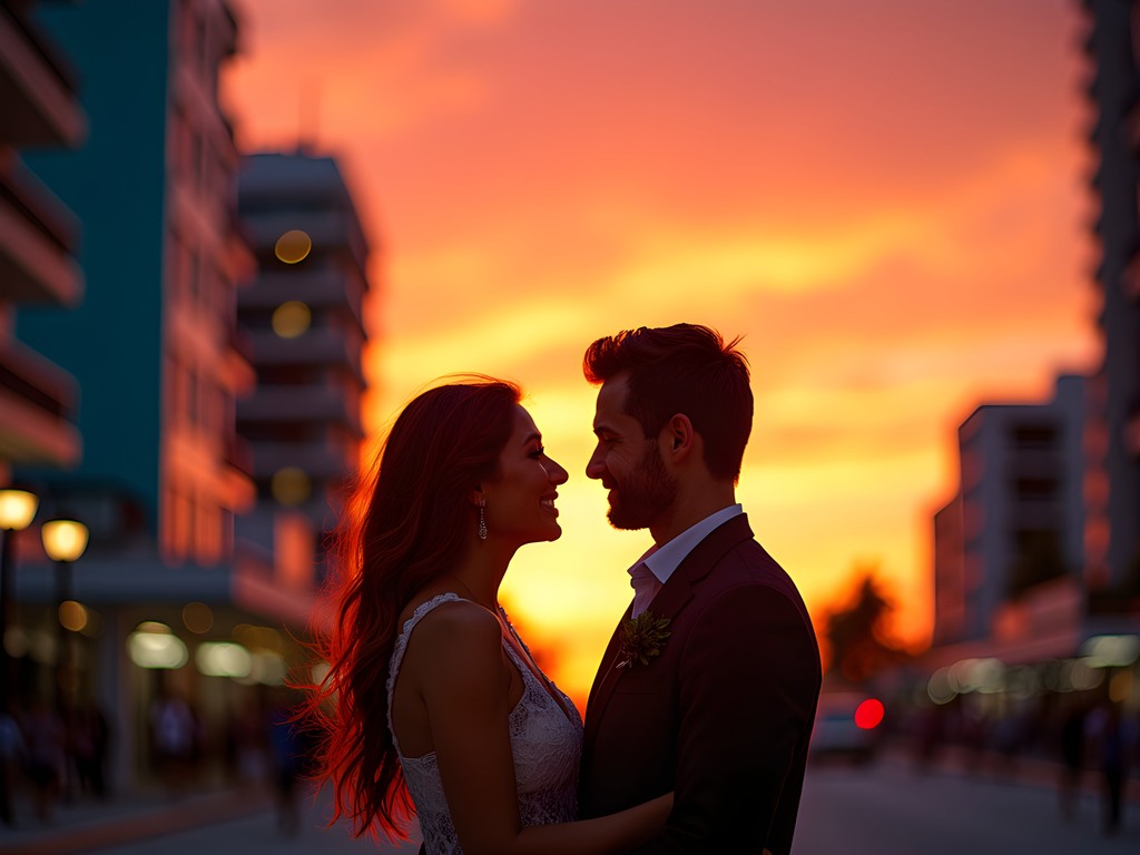Couple enjoying sunset on South Beach Miami with Art Deco buildings
