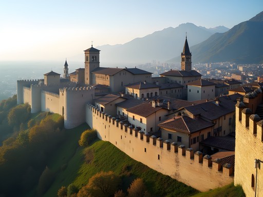 Panoramic view of Bergamo's medieval Città Alta with Venetian walls and Alpine backdrop