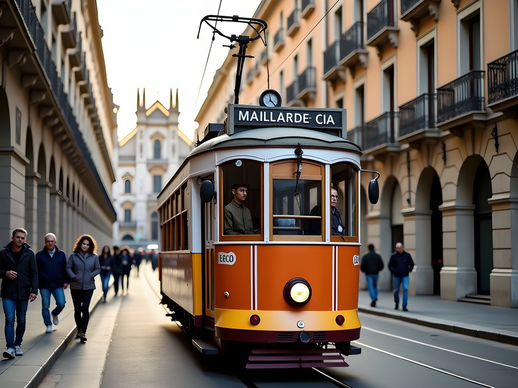 Historic orange Milan tram passing modern and historic architecture