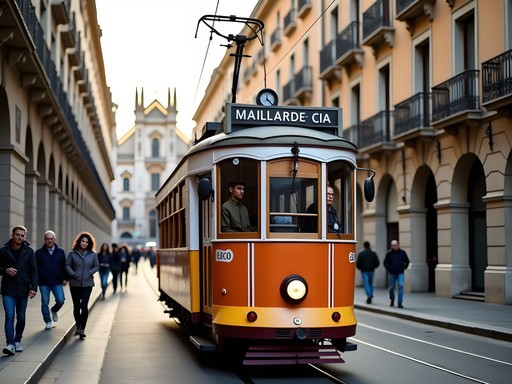 Historic orange Milan tram passing modern and historic architecture