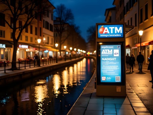 Milan's Navigli district at night with illuminated canals and night bus stop