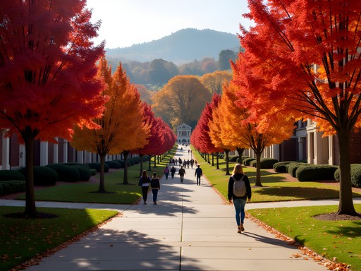 Steep walkway between WVU campus buildings with fall foliage