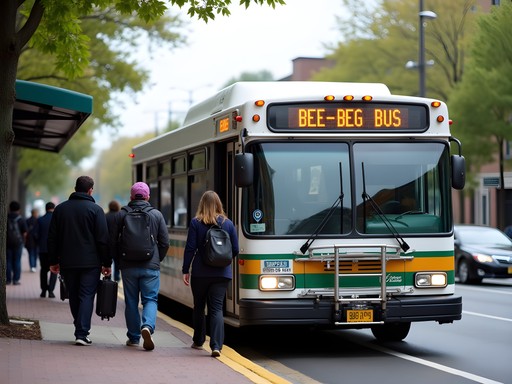 Westchester Bee-Line bus at Mount Vernon stop with commuters boarding