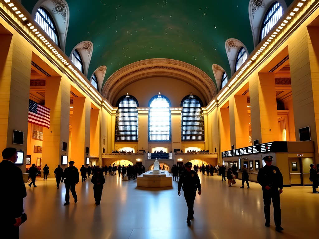 Well-lit evening interior of Grand Central Terminal with security presence