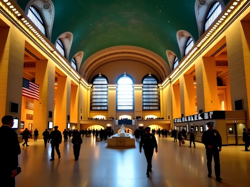 Well-lit evening interior of Grand Central Terminal with security presence