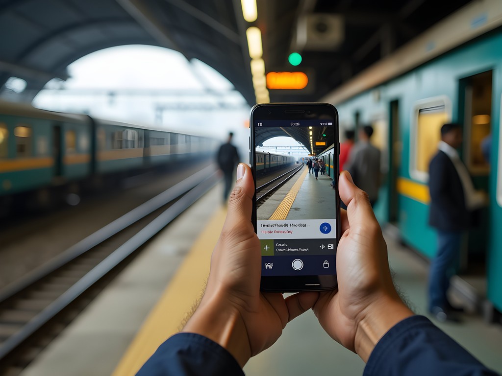 Person using smartphone navigation app at Mumbai train station