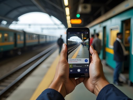 Person using smartphone navigation app at Mumbai train station