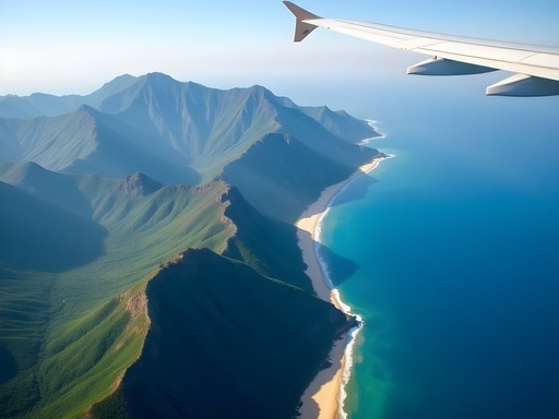 Aerial view of Western Ghats mountains meeting Arabian Sea coastline from airplane window