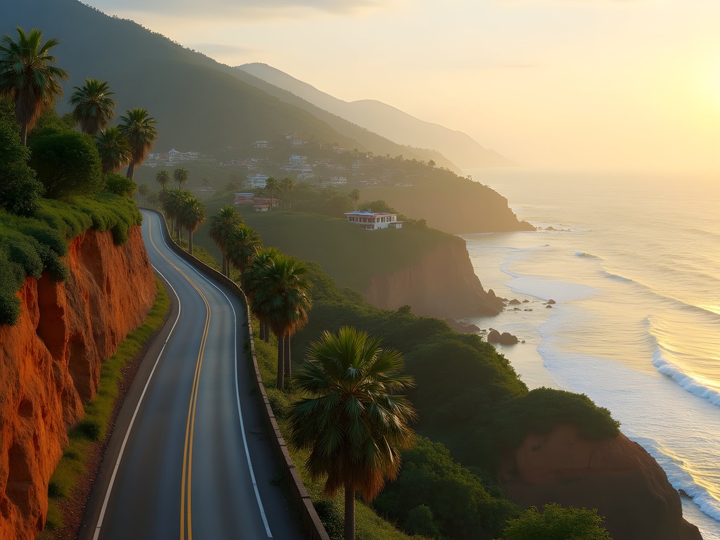 Coastal highway in Maharashtra with Arabian Sea views and palm trees