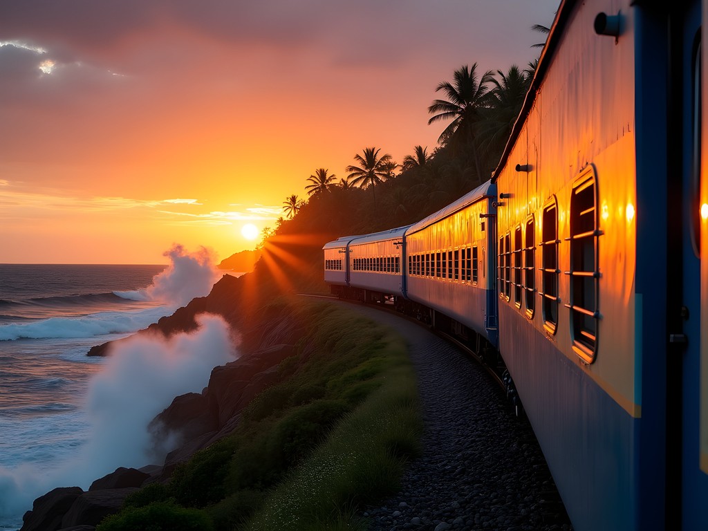 Konkan Railway train passing alongside Arabian Sea coastline with dramatic sunset