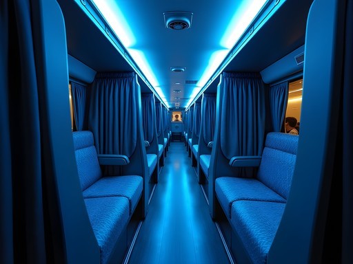 Interior of luxury sleeper bus with comfortable reclining seats traveling from Mumbai to Goa