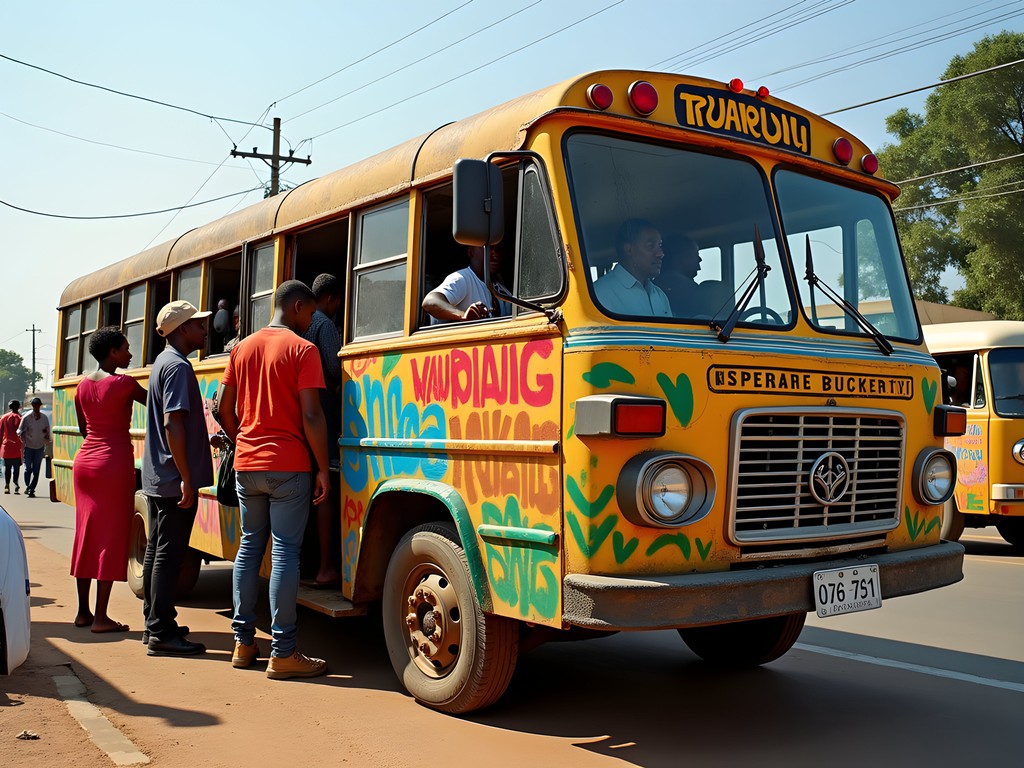 Colorfully decorated matatu minibus in Nairobi with passengers boarding