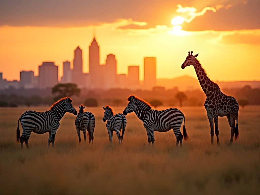 Wildlife at Nairobi National Park with city skyline visible in background
