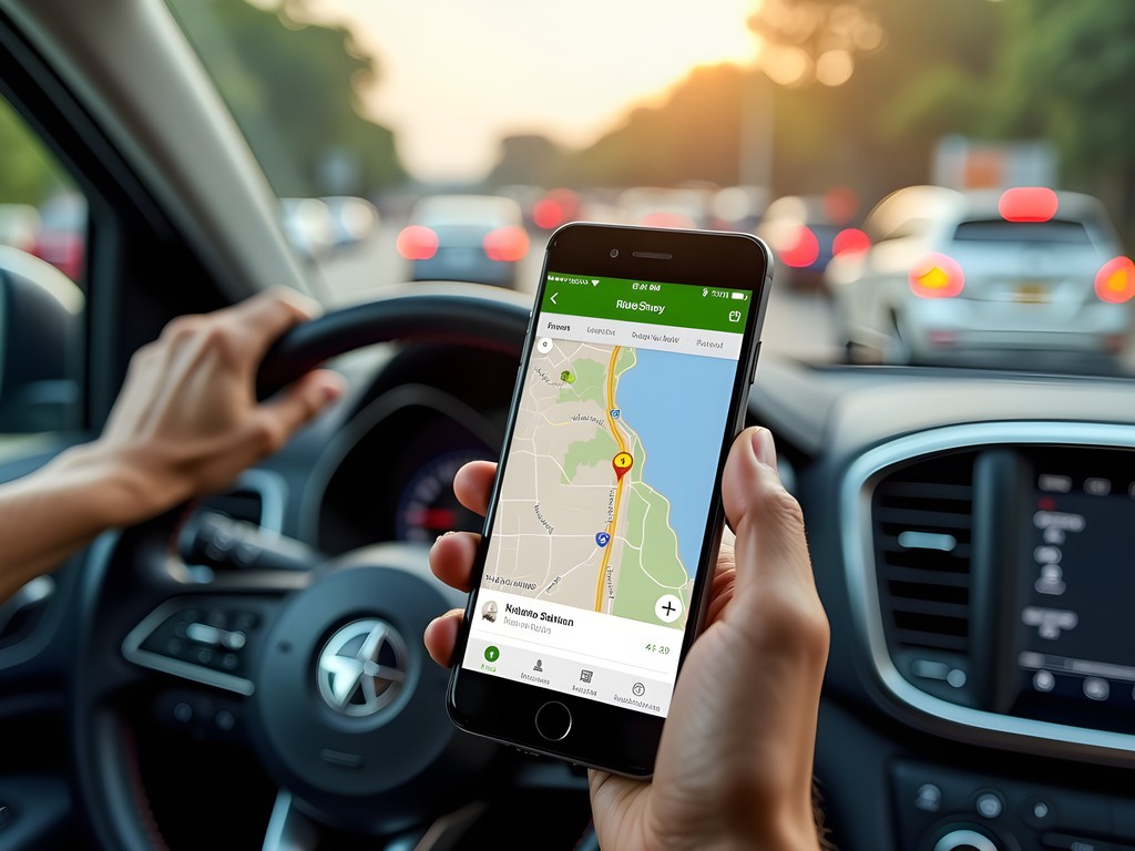 Person using rideshare app on smartphone with Nairobi traffic in background
