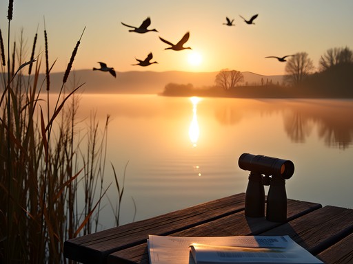 Sunrise over Lake Lowell with birds in flight and birding equipment