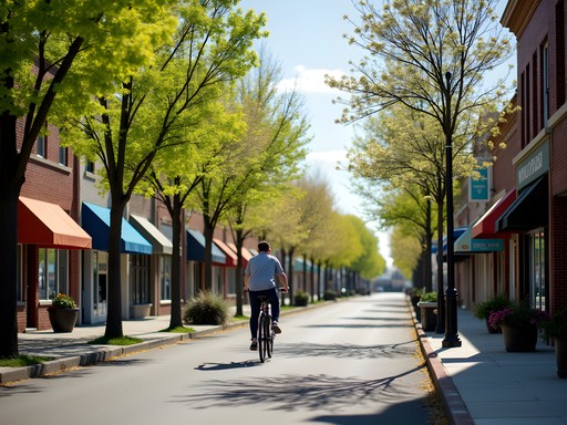 Person biking through downtown Nampa with historic buildings in background during spring