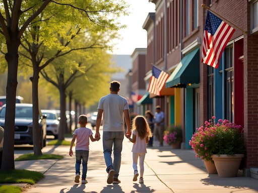Family exploring downtown Nampa on foot with historic buildings and shops
