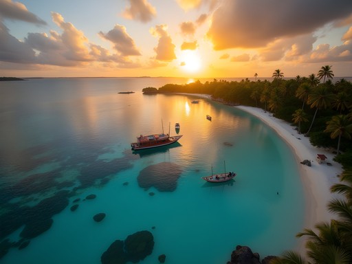 Sunset over Anibare Bay in Nauru with traditional fishing boats