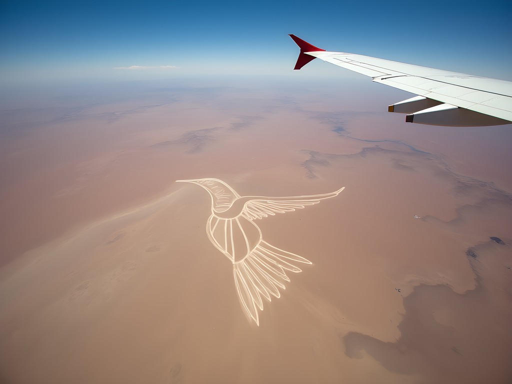 Aerial view of the famous hummingbird geoglyph among the Nazca Lines in Peru