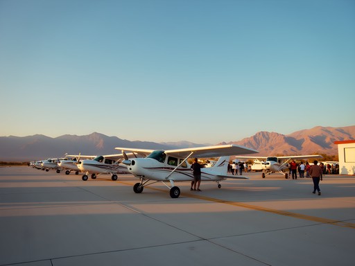 Small Cessna aircraft used for Nazca Lines flights parked at Maria Reiche Airport with desert backdrop