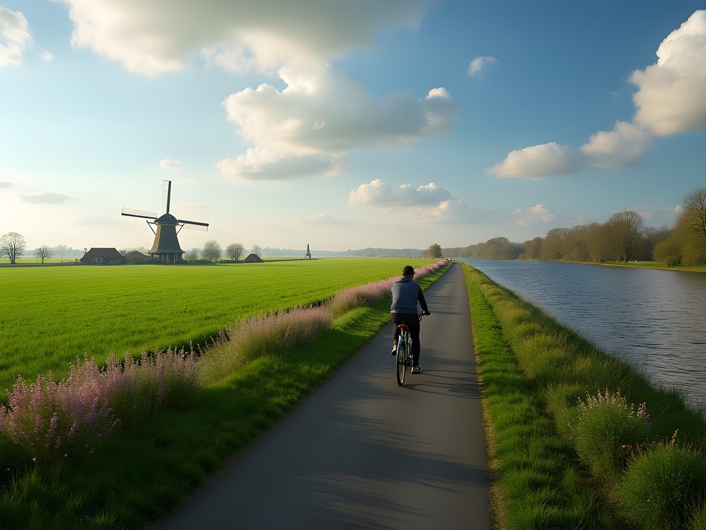 Cyclist on path along River Amstel with windmills and Dutch countryside