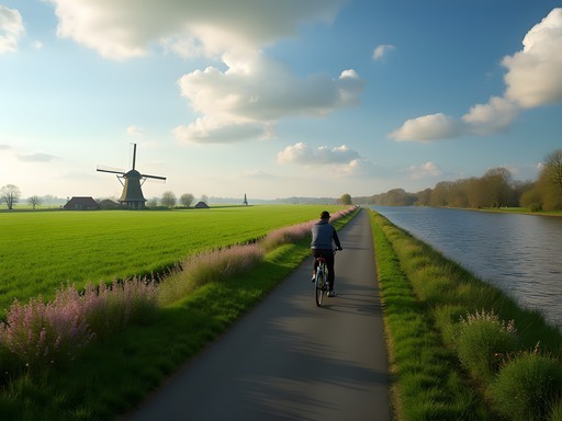 Cyclist on path along River Amstel with windmills and Dutch countryside