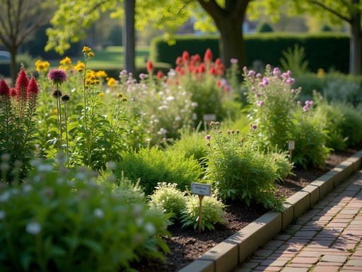 Traditional Dutch medicinal herb garden with labeled plants and flowers in spring bloom