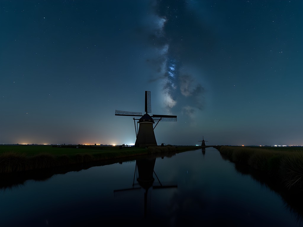 Night sky with stars over Dutch countryside landscape with silhouette of windmill