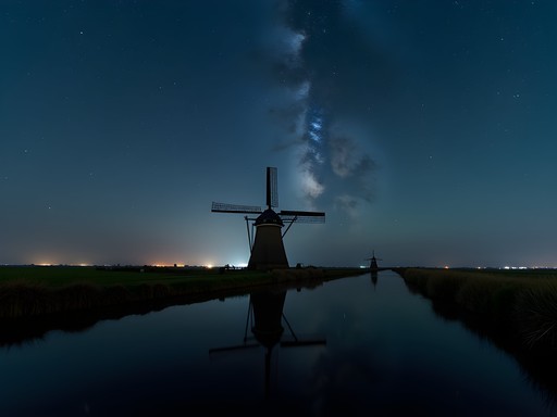 Night sky with stars over Dutch countryside landscape with silhouette of windmill