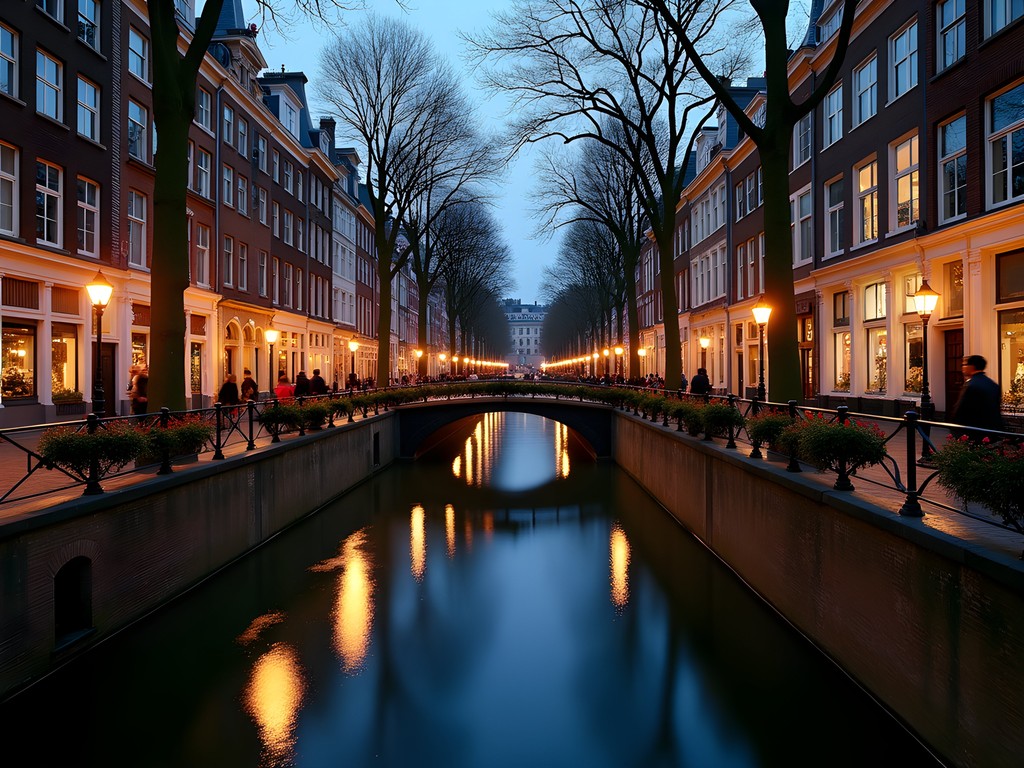 Evening view of Utrecht's unique two-level canal system with illuminated wharf cellars