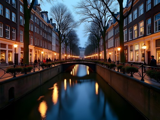 Evening view of Utrecht's unique two-level canal system with illuminated wharf cellars